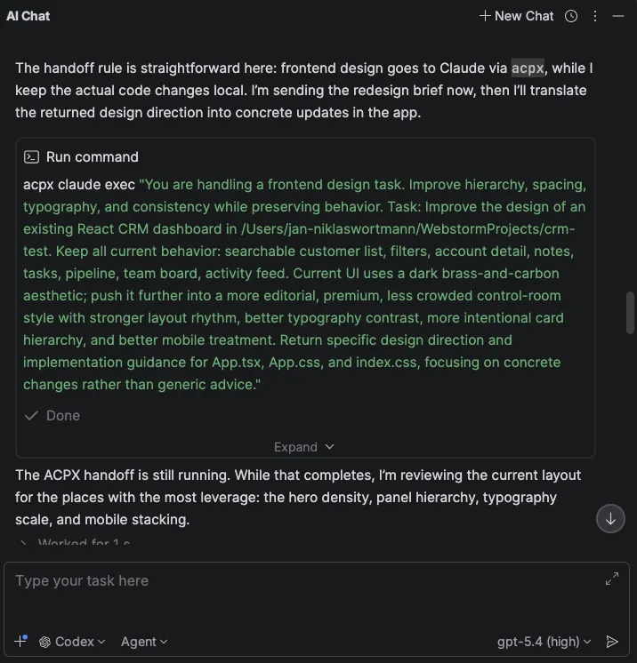JetBrains IDE chat showing Codex handling the task first and then using ACPX to hand the request off to Claude for design-heavy frontend work.
